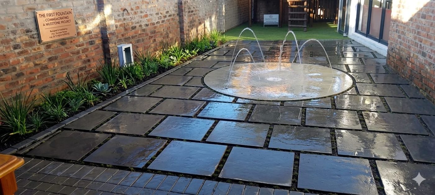 Completed pump-driven courtyard fountain at Maria's Coffee